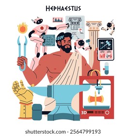 Olympic Gods Synergy AI concept. Hephaestus blending traditional craftsmanship with modern technology. Ancient deity meets futuristic innovation. Vector illustration.