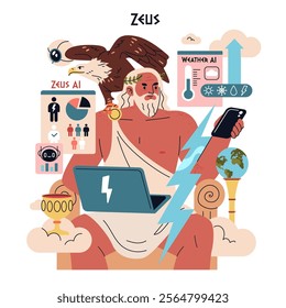 Olympic Gods Synergy AI concept. Zeus merges modern technology with ancient mythology, wielding gadgets and thunder. A creative blend of past and future. Vector illustration.