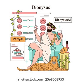 Olympic Gods Synergy AI concept. Dionysus uses artificial intelligence to enhance festivities. God of wine, feasting and leopard companion with modern technology. Vector illustration.