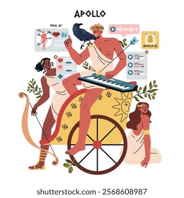 Olympic Gods Synergy AI concept. Apollo fuses technology with mythology, using AI tools to manage health, music, and prophecies. Vector illustration.