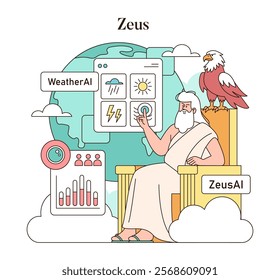 Olympic Gods Synergy AI concept. Zeus interfaces with weather AI technology among clouds and an eagle. Ancient mythology meets modern innovation. Vector illustration.