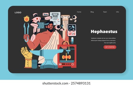 Olympic Gods Synergy AI concept. Illustration blending mythology with modern technology, featuring Hephaestus using AI and robotics. Vector illustration.