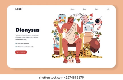 Olympic Gods Synergy AI concept. Dionysus with technology, merging antiquity with modern AI elements. Interactive and mythical web design. Vector illustration.