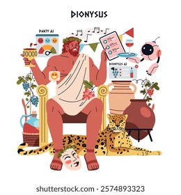 Olympic Gods Synergy AI concept. Dionysus bonds with modern technology, surrounded by classic symbols of revelry and a cheerful robot assistant. Vector illustration.