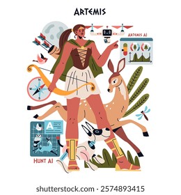 Olympic Gods Synergy AI concept. Artemis integrated with modern artificial intelligence. Greek mythology meets advanced technology. Vector illustration.