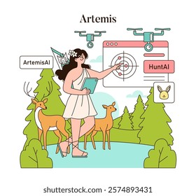 Olympic Gods Synergy AI concept. Artemis merges technology with nature, illustrating a modern approach to ancient mythology. Vector illustration.