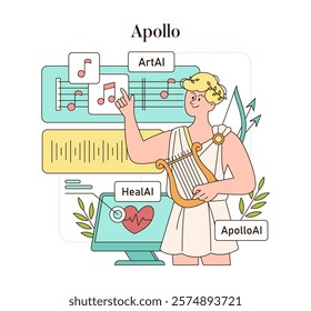 Olympic Gods Synergy AI concept. Apollo melding music, medicine, and technology. Greek deity with lyre interacts with futuristic interfaces. Vector illustration.