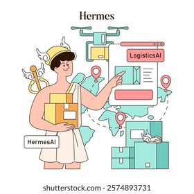 Olympic Gods Synergy AI concept. Hermes integrates advanced logistics AI, optimizing delivery with modern technology. Vector illustration.