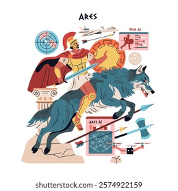 Olympic Gods Synergy AI concept. Ares, the deity of war, astride a ferocious wolf, merging ancient myth with modern warfare technology. Vector illustration.