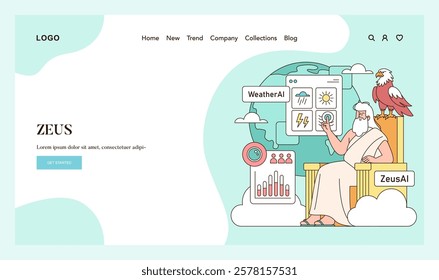 Olympic Gods synergy AI concept. Zeus as a metaphor for modern weather forecasting technology. Ancient mythology meets artificial intelligence. Vector illustration.