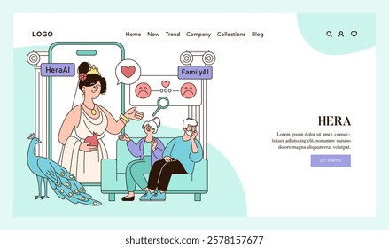 Olympic Gods Synergy AI concept. Hera moderates a family therapy session with technology aid. Ancient mythology meets modern digital solutions. Vector illustration.