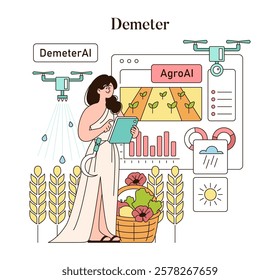 Olympic Gods Synergy AI concept. Demeter oversees agriculture through advanced AI, signaling the fusion of mythology with modern technology. Smart farming and divine guidance. Vector illustration.