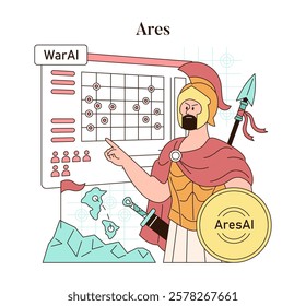 Olympic Gods Synergy AI concept. Illustration of Ares strategizing warfare using AI technology, blending ancient Greek mythology with modern artificial intelligence. Vector illustration.