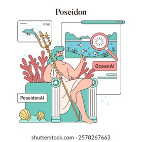 Olympic Gods Synergy AI concept. Poseidon merges with modern technology, analyzing the ocean's health. Marine life conservation through artificial intelligence. Vector illustration.