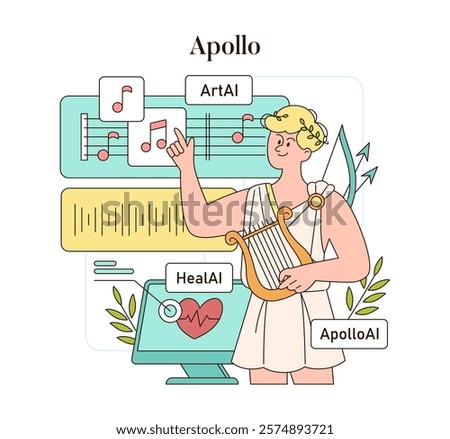 Olympic Gods Synergy AI concept. Apollo melding music, medicine, and technology. Greek deity with lyre interacts with futuristic interfaces. Vector illustration.