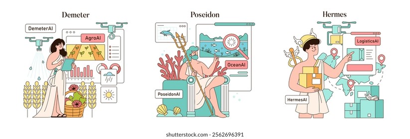 Olympic Gods Synergy AI set. Modern technologies meet ancient deities as Demeter, Poseidon, and Hermes manage agriculture, oceans, and logistics with AI. Vector illustration.