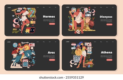 Olympic Gods Synergy set. Hermes, Dionysus, Ares, and Athena are depicted with modern elements. Conversation between mythology and technology. Vector illustration.