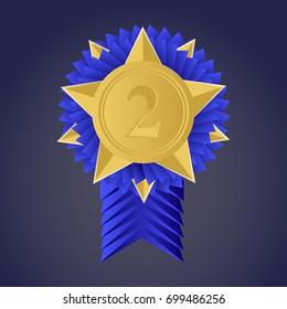 Olympic gold medal for second place. Trophy, winner award isolated on white background. Golden badge. Achievement, victory concept. Vector illustration. Flat style design