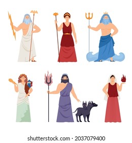 Olympic Greek gods male and female characters set, flat vector illustration isolated on white background. Mythology antique Greek and Roman gods and goddesses.