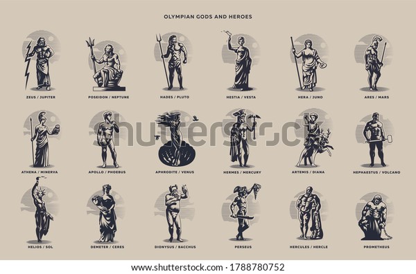 Olympic heroes. Greek and Roman gods. Zeus,\
Poseidon, Hades, Artemis, Ares,\
Venus.