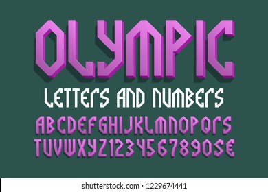 Olympic letters and numbers with currency signs. Purple stylish 3d font. Isolated english alphabet.