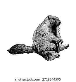 Marmota olímpica sentada en posición vertical, capturada en un estilo realista de grabado dibujado a mano que destaca la textura, el pelaje y el carácter natural de la vida silvestre.