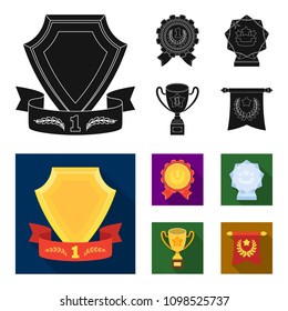 An Olympic medal for the first place, a crystal ball, a gold cup on a stand, a red pendant.Awards and trophies set collection icons in black, flat style vector symbol stock illustration web.