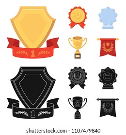 An Olympic medal for the first place, a crystal ball, a gold cup on a stand, a red pendant.Awards and trophies set collection icons in cartoon,black style vector symbol stock illustration web.