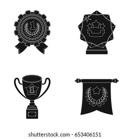 An Olympic medal for the first place, a crystal ball, a gold cup on a stand, a red pendant.Awards and trophies set collection icons in black style vector symbol stock illustration web.