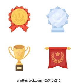 An Olympic medal for the first place, a crystal ball, a gold cup on a stand, a red pendant.Awards and trophies set collection icons in cartoon style vector symbol stock illustration web.
