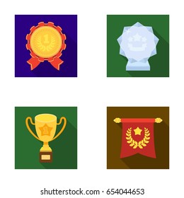 An Olympic medal for the first place, a crystal ball, a gold cup on a stand, a red pendant.Awards and trophies set collection icons in flat style vector symbol stock illustration web.