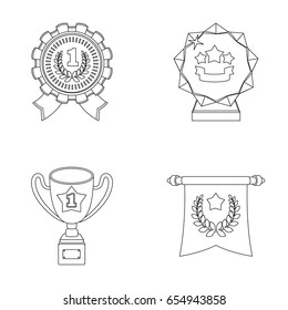 An Olympic medal for the first place, a crystal ball, a gold cup on a stand, a red pendant.Awards and trophies set collection icons in outline style vector symbol stock illustration web.