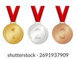 Olympic medals. Gold, silver, bronze with ribbon. Vector illustration
