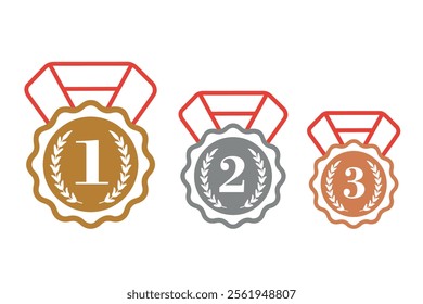 Olympic medals Icon Vector illustration. Gold Silver Bronze with red ribbon. Medal icon set.