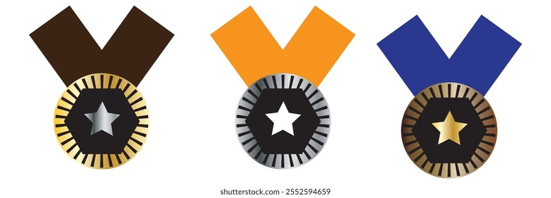 Olympic medals illustration. Gold Silver Bronze with ribbon