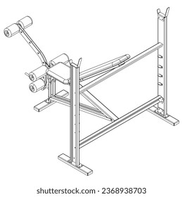 Olympic multi bench press. Gym equipment on white background vector illustration. Different fitness equipment for muscle building. Workout and training concept.