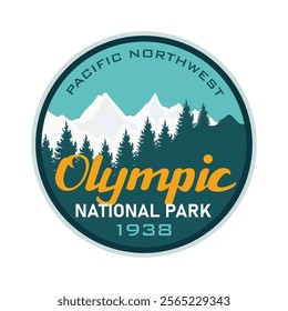 Olympic National park emblem badge patch logo design with vintage mountain, pine tree, snow, vector illustration