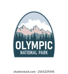 Olympic National park emblem badge patch logo design with mountain Cloud, pine tree, Mount Peak, natural landscape, vector illustration