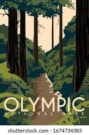 Olympic National Park Vector Illustration Background. Travel to State of Washington, on the Olympic Peninsula United States. Flat Cartoon Vector Illustration in Colored Style.