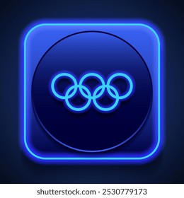 Olympic rings simple icon. Flat design. Blue neon style on button. With shadow.ai