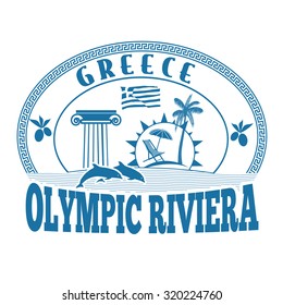 Olympic Riviera, Greece stamp or label on white background, vector illustration