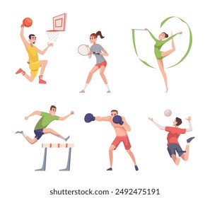 Olympic sports. Active fitness characters in action poses sport games exact vector cartoon people fitness activities