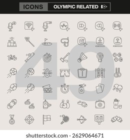 Olympic Sports Icon Set Apresentando Símbolos de Arte de Linha de Vários Eventos Atléticos, Equipamentos e Elementos Essenciais para Uso Profissional e Promocional
