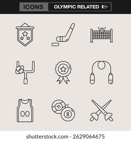 Olympic Sports Icon Set Apresentando Símbolos de Arte de Linha de Vários Eventos Atléticos, Equipamentos e Elementos Essenciais para Uso Profissional e Promocional