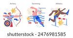 Olympic sports set. Athletes competing in archery, swimming, and athletics. Dynamic representation of Olympic disciplines. Vector illustration.