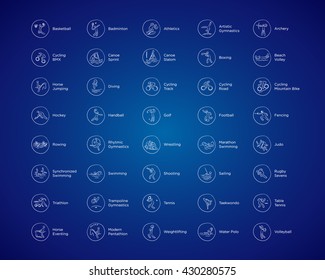 Olympic sports vector icons. Rio 2016 Olympic games in Brazil. Rio summer Olympic games icons vector illustration. Sport disciplines vector icons and illustrations. Sports categories symbols.