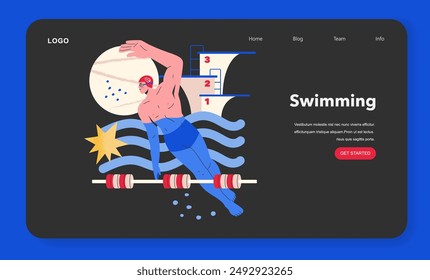 Olympic Swimming concept. Athletic swimmer diving into a pool, ready for a competitive race on a website interface background. Vector illustration.