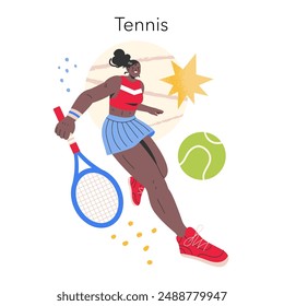 Olympic Tennis concept. Female athlete in action, swinging racket at a tennis ball, dynamic motion captured against a stylized background. Vector illustration.