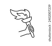 Olympic torch with fire in hand, line icon. Burning Olympic torch symbol of sport games. Competition of athletes in sport for winning champion. Flame of victory. Vector outline illustration