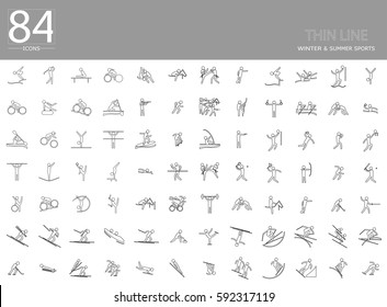 Olympic vector set of 84 winter and summer thin line sport icons. Silhouette sport sign collection. Indoor and outdoor activities, single, team sport included. Clip art for design, mobile, web, print